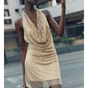 Zara Gold Metallic Mesh Halter Mini Dress